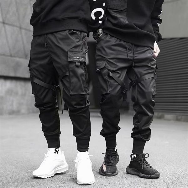 

mens pants ribbons harem joggers men cargo pants streetwear hip hop casual pockets track pants male harajuku fashion trousers 220929, Black