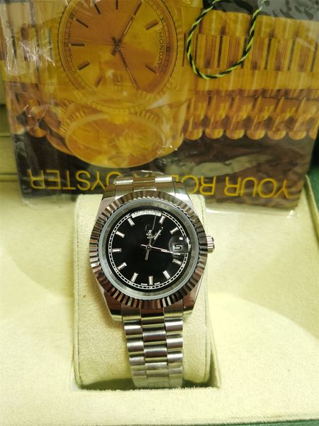 

original box certificate 18k black president male watches day date diamonds silver dial watch men stainless diamond bezel automatic wristwat, Slivery;brown