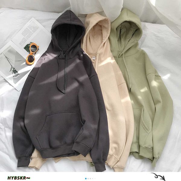 

women's hoodies sweatshirts hybskr woman's solid 12 colors korean hooded sweatshirts female 2022 thicken warm hoodies couple sprin, Black