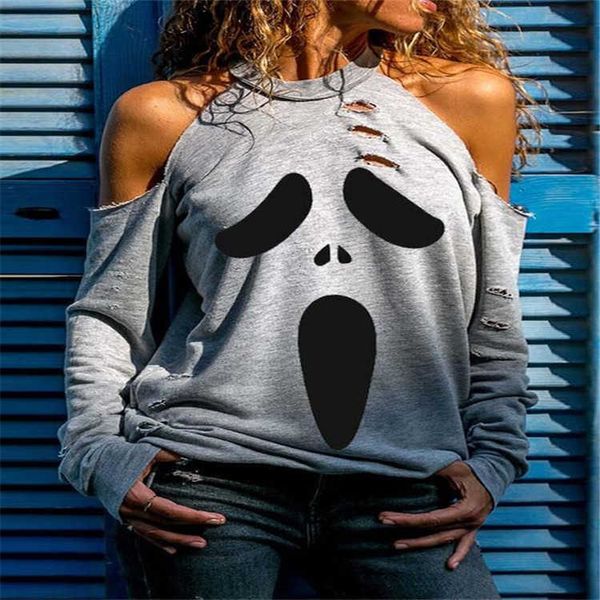 

women's knits & tees women's clothing new spring and autumn long sleeve hole hollowed out casual printed t-shirt, White