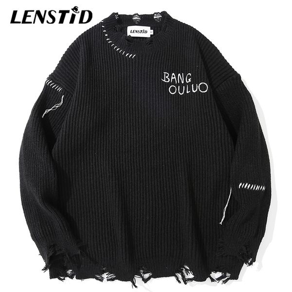 

men's sweaters lenstid men hip hop knitted jumper destroy ripped striped streetwear harajuku autumn oversize casual pullovers 220930, White;black