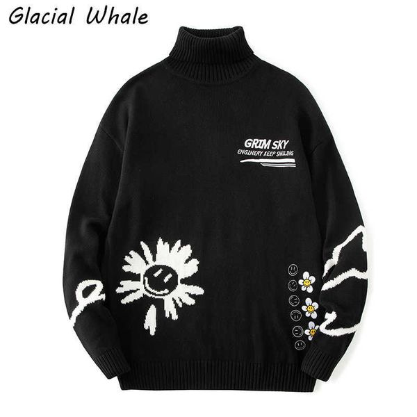 

men's sweaters glacialwhale mens cardigan knitted men winter flower print sweater male casual oversized turtleneck sweaters black sweat, White;black