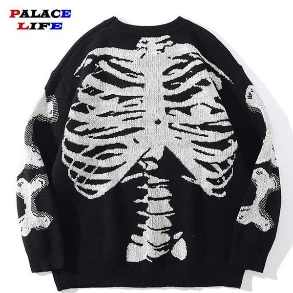 

men's sweaters men oversized sweater black loose skeleton bone print women vintage retro knitted sweater 2021 autumn cotton pullover t2, White;black
