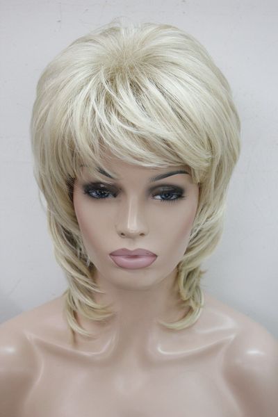 

elegant medium length blonde mix layered 15" long natural wavy synthetic wig, Black