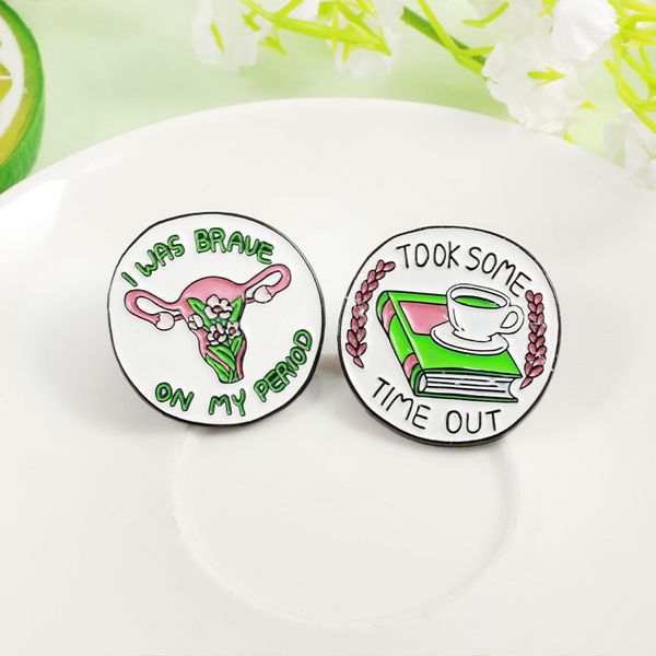 

creative round brooches for women cartoon flower uterus enamel paint lapel pins letter take some time out badges gift i was brave on my peri, Gray