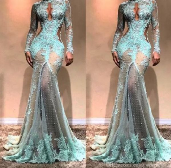 

high neck luxury full lace pearls mermaid evening dresses dubai see through illusion high split formal prom cutaway side celebrity8507535, Black