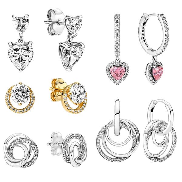 

s925 silver sparkle round stud heart earrings diy original fit pandora women jewelry gift, Golden;silver