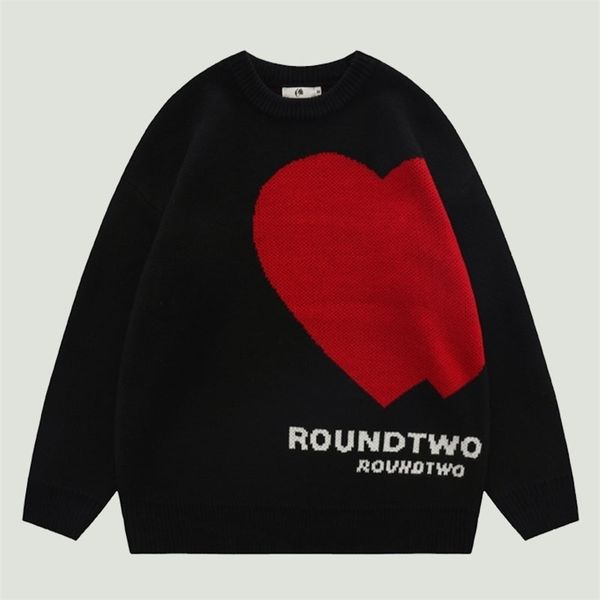 

men's sweaters hip hop knitted harajuku vintage heart letter printed jumpers autumn winter casual o-neck loose pullovers couples 220930, White;black