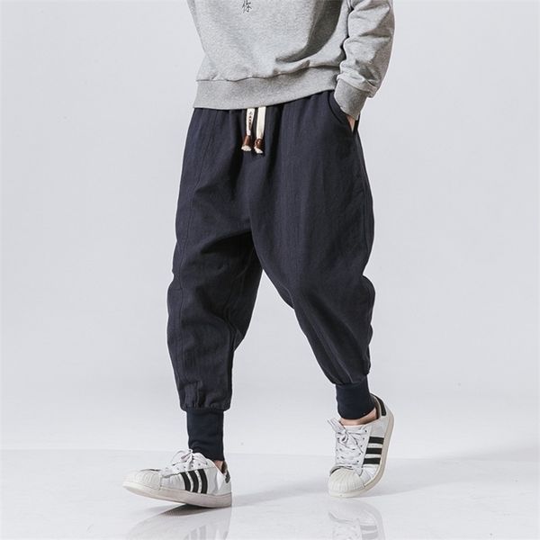 

mens pants cotton harem pants men solid elastic waist streetwear joggers baggy dropcrotch pants casual trousers men drop 220929, Black