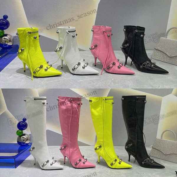 

cagole lambskin leather knee-high boots stud buckle embellished side zip shoes pink yellow pointed toe stiletto heel tall boot luxury design, Black