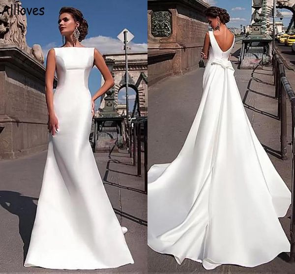 

elegant satin mermaid wedding dresses open back boho garden simple bridal gowns with court train fashion robes de mariee brides second recep, White