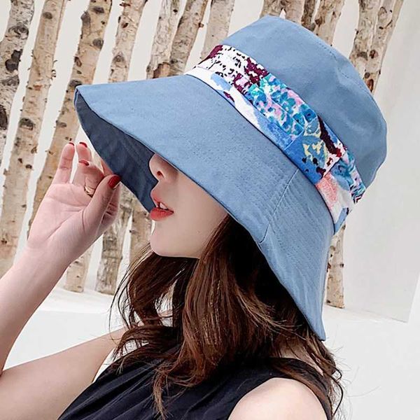 

stingy s spring new fisherman female outdoor leisure travel dome wide brim stitching beach cap sunscreen bucket hat 0929, Blue;gray