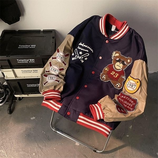 

men's jackets retro bear embroidered baseball uniform men and women ins spring loose couple street jacket bomber traf 220929, Black;brown