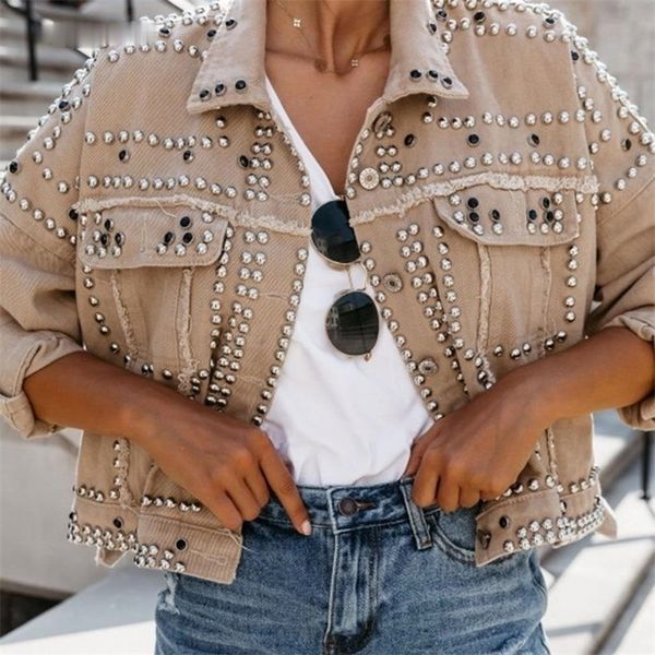 

women s jackets rivet studded denim autumn loose outwear female students casual short jeans coat 220929, Black;brown