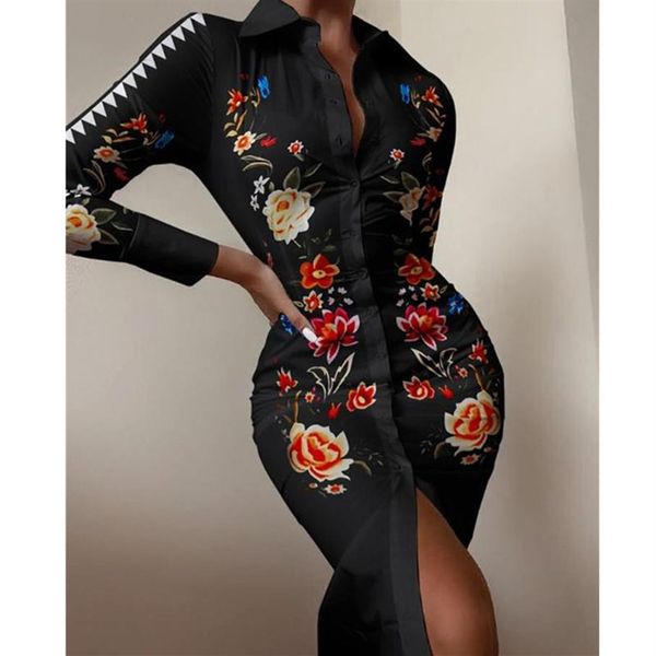 

autumn women long sleeve mid dress fashion print shirts elegant ladies splice shirt irregular party265j, Black;gray