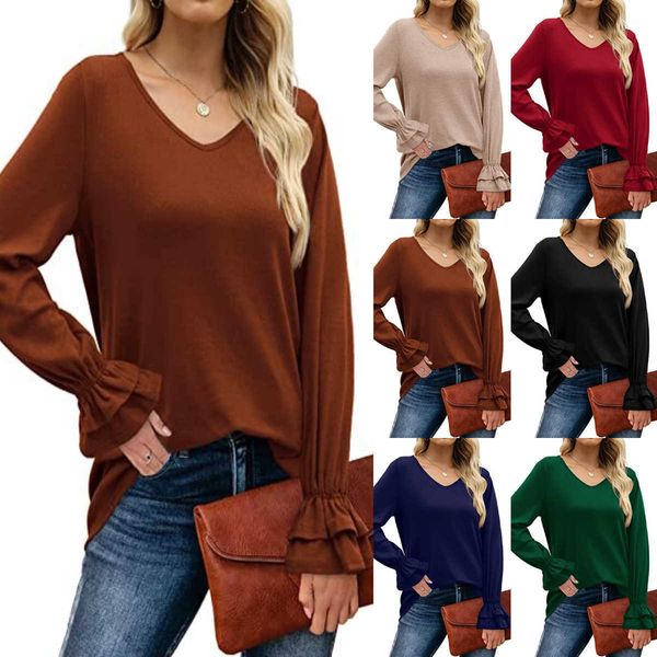 

women's clothing 2022 autumn new solid v-neck casual flare sleeve top, White