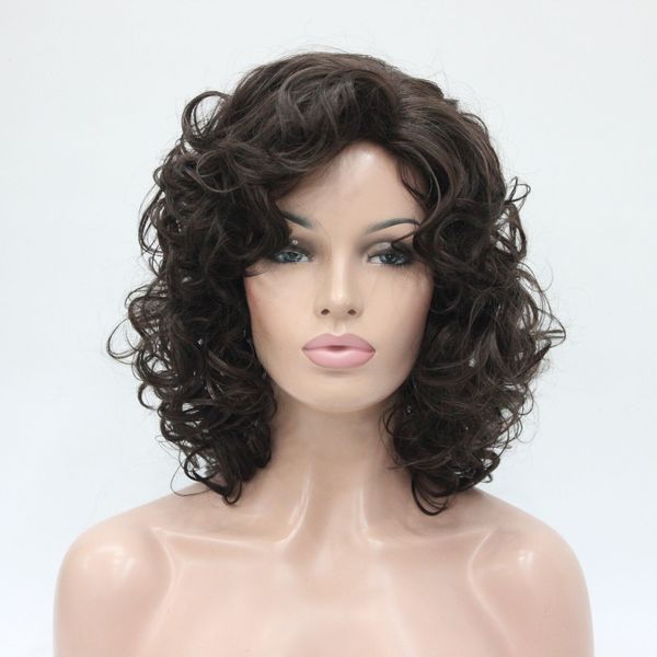 

new fashion 40cm length chestnut brown curly synthetic hair women's full wig, Black