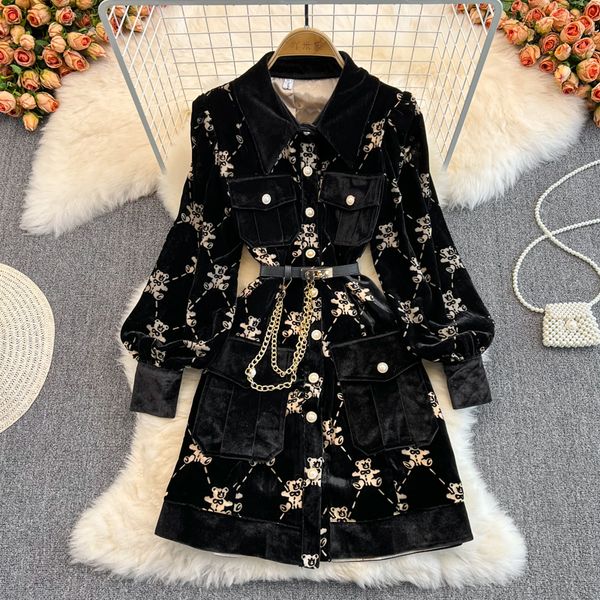 

autumn and winter hepburn style small black dress goddess style close waist show thin bear printed single breasted lapel gold velvet skirt, Black;gray