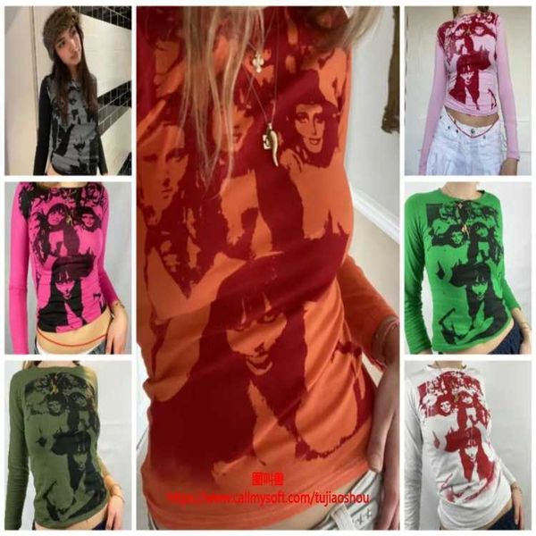 

2021 head print round neck slim long sleeve t-shirt women's crazy shopping, White