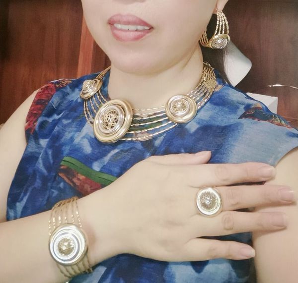 

wedding jewelry sets 5 pcs gold color for large size women party nightclub accessories necklace and earring fhk13536 220929, Slivery;golden