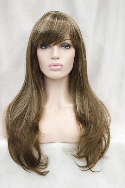 

beautiful light brown w/ blonde highlight straight lady' long synthetic hair wig, Black