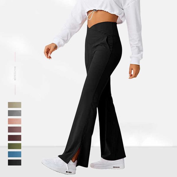 

yoga outfits women crossover split pants bootcut elastic high waist full length flare workout bootleg leggings with pockets, Gray