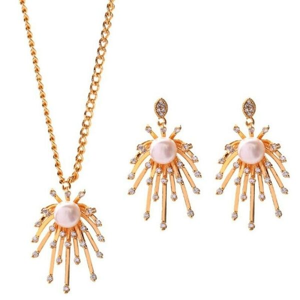 

wedding jewelry sets freshwater pearl set crystal pendant necklace earrings choker bib collar 220929, Slivery;golden