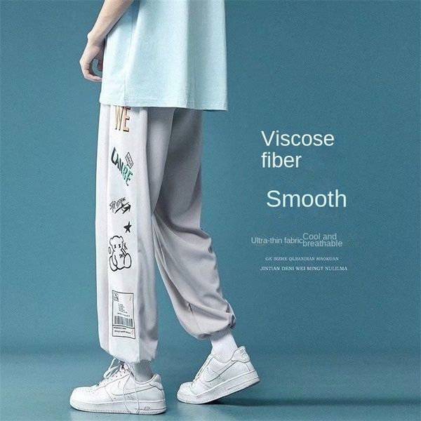 

mens pants ice silk pants mens summer thin sports ninth pants korean style trendy loose allmatch white ankletied casual trousers 220929, Black