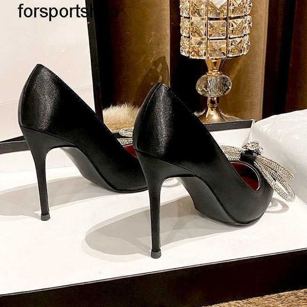 

luxury designer dress shoes black high-heeled shoes women design bow knot diamond satin single pointed thin heel wedding shoes