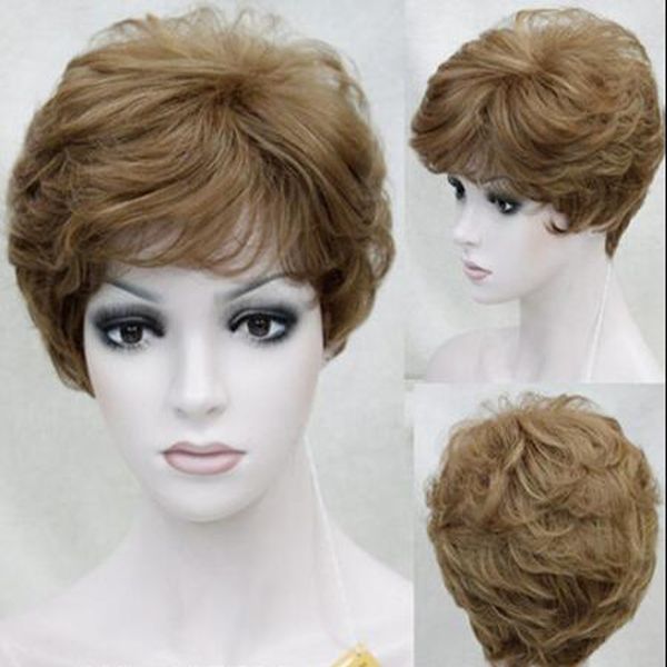 

women short straight ladies hair fluffy wig light brown cosplay wigs, Black