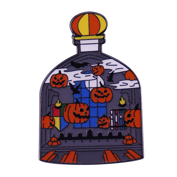 

spooky pumpkin bat palace landscape bottle brooch enamel pin halloween party accessories, Blue