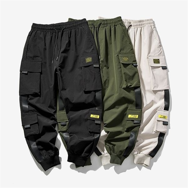 

mens pants hip hop joggers cargo men harem multipocket ribbons man sweatpants streetwear casual s5xl 220929, Black