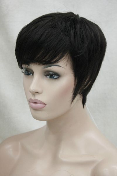 

heat resistant darkest brown short straight lady's synthetic hair full wig, Black