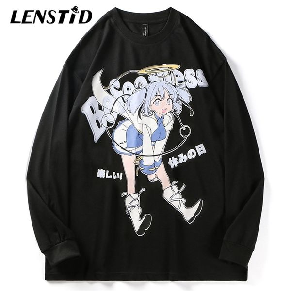 

men's sweaters lenstid autumn men long sleeve t-shirts hip hop japanese anime girl print tshirts harajuku streetwear casual cotton tee, White;black