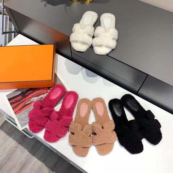 

designer chypre slippers women soft furry shoes luxury lamb wool indoor sandals winter warm flat slides ladies sandal loafers mules leisure, Black