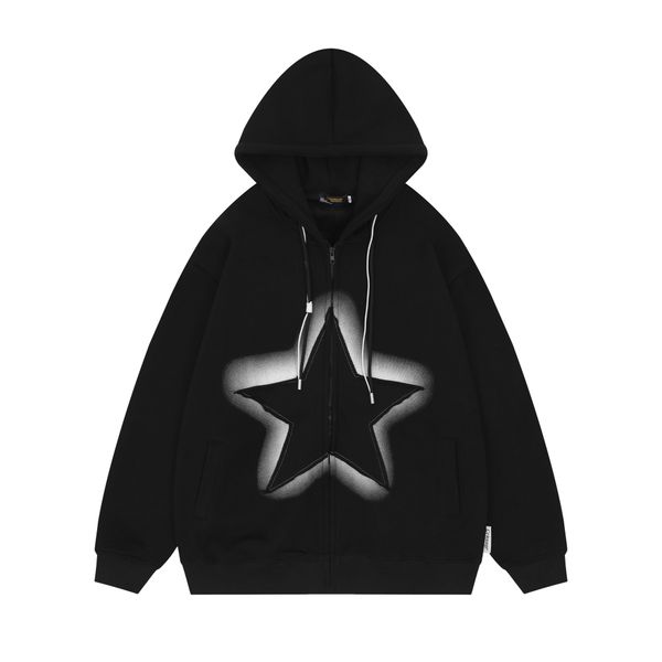 

hip hop zip up hoodie jacket y2k vintage star patch fleece zipper hooded coat 2022 winter retro casual loose baggy sweatshirt, Black