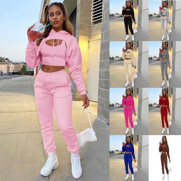 

two piece dress women's clothing 202 fashion plush drawstring solid color hoodie long sleeve pants vest three piece set, White