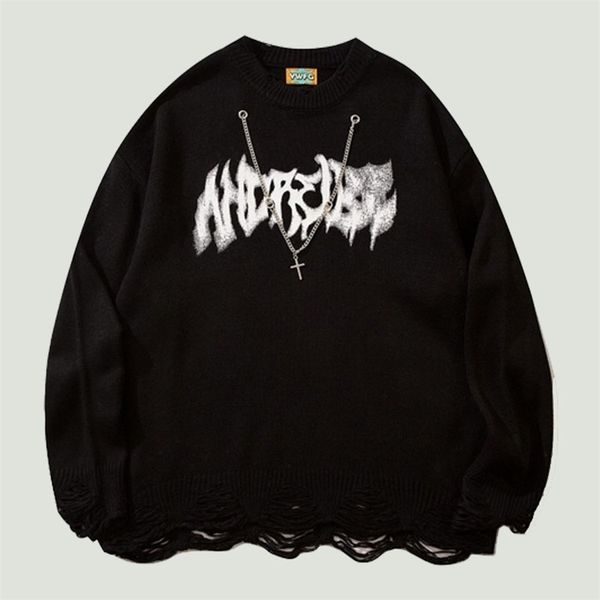 

men's sweaters retro baggy knitted jumper mens streetwear harajuku letter printed fashion with chain oversized casual pullovers 220930, White;black