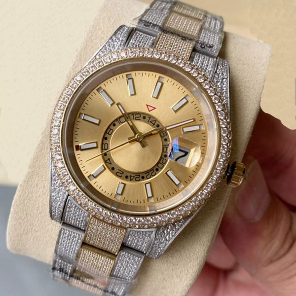 

diamond watch mens automatic mechanical watches 41mm with diamond-studded bracelet fashion business wristwatch montre luxe bling bezel band, Slivery;golden