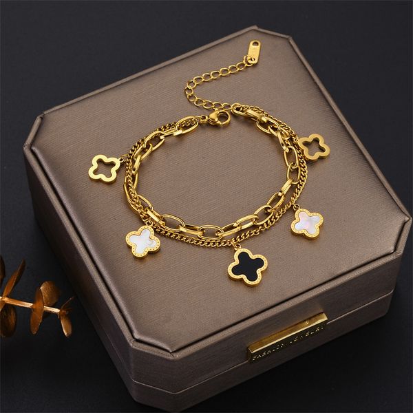 

clover bracelet love es designer s 4/four leaf clover bracelet gold plate fill stainless steel agate flowers traditional charm lobster link, Golden;silver
