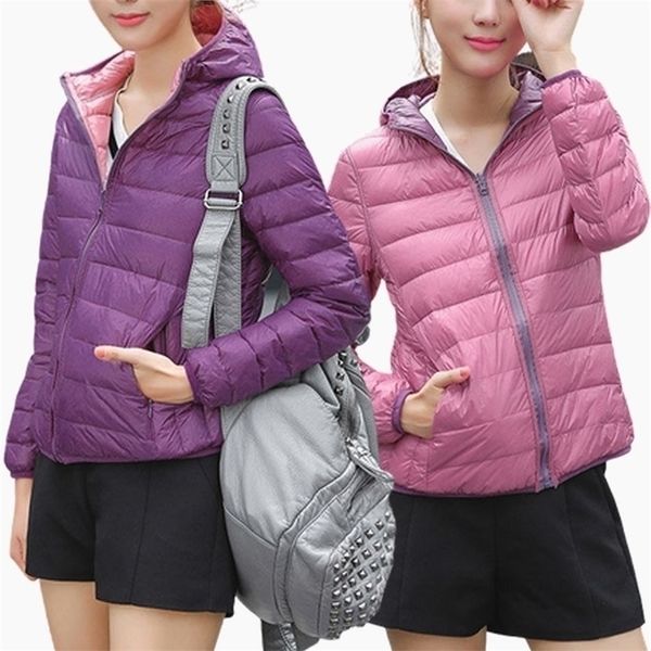 

womens down parkas womens jackets outwear down jackets women ultra light hooded basic jacket feather famale jackets two side reversible warm, Black