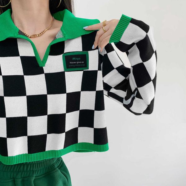 

women's knits & tees women's clothing wind black and white checkerboard plaid color matching lapel short knitwear female design se