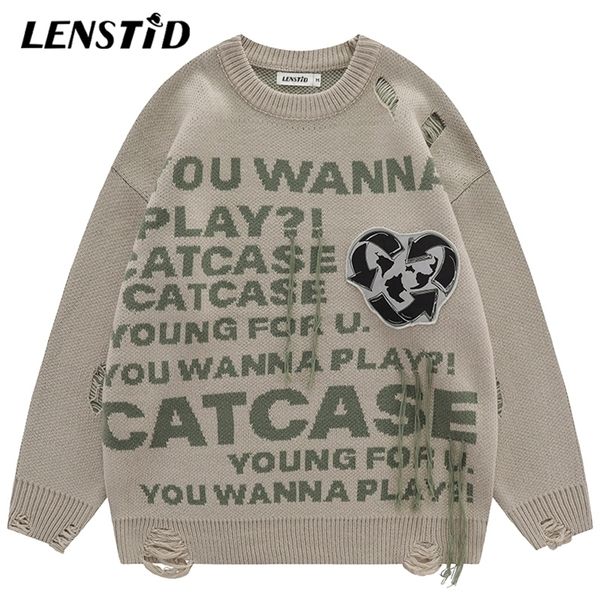 

men's sweaters lenstid autumn men ripped hole knitted hip hop letter jumper streetwear harajuku fashion casual pullovers pull homme 220, White;black