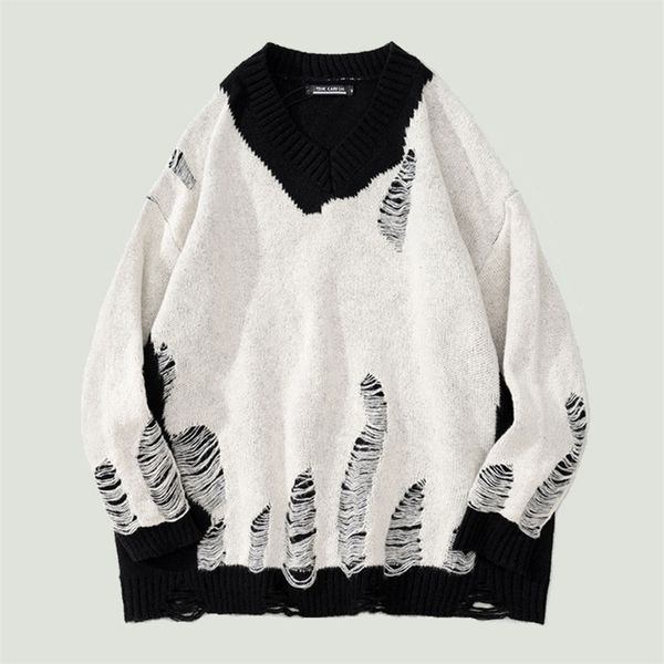 

men's sweaters hip hop oversized knitted jumper mens streetwear harajuku patchwork irregular ripped hole casual loose pullover 220930, White;black