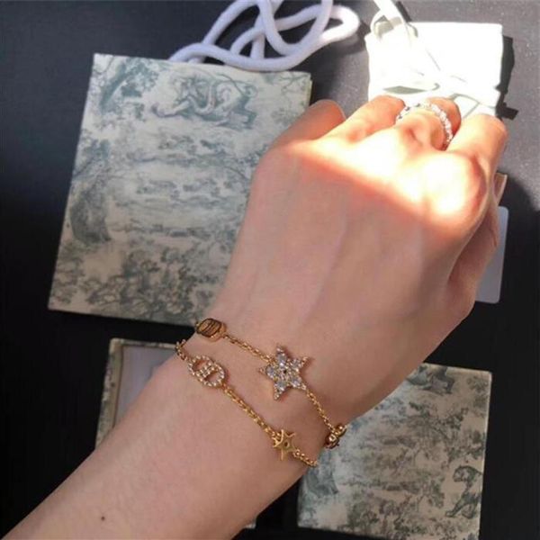 

europe america fashion style new two-piece bracelet five-pointed star women's gold letter water brick star bracelet with diam173t, Golden;silver