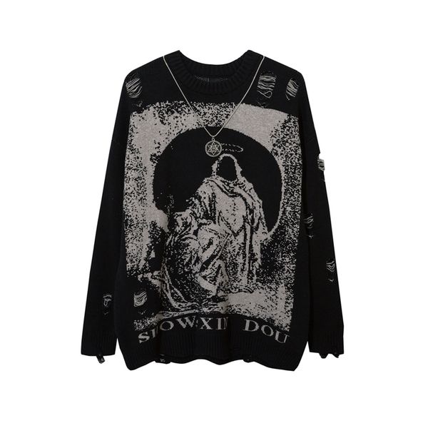 

men's sweaters send necklace ripped oversized frayed knitted harajuku winter black gothic men y2k grunge women red sweater 220930, White;black