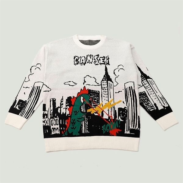 

men's sweaters cartoon fighting dinosaurs graffiti printed knitted autumn winter casual loose o-neck pullovers streetwear 220930, White;black