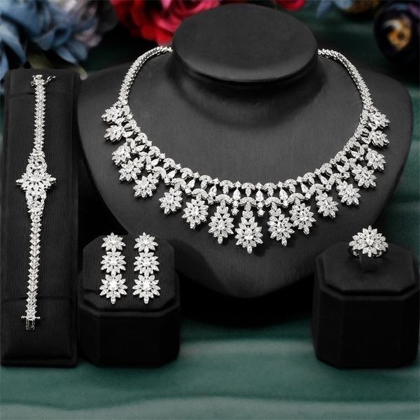 

wedding jewelry sets 4pcs full jewelr sets classic indian bridal necklace earrings bracelets zircon for dubai women birthday gift dresses l2, Slivery;golden