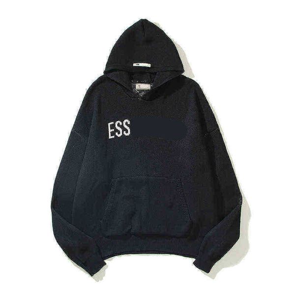 

es hoodies men's hoodies sweatshirts ess chest letter high street hooded knitted sweater plush thickening ladies warm hoodie winter aut, Black