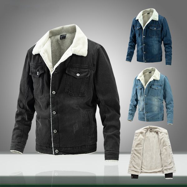 

new men denim jacket fur collar windproof winter mens casual outerwear coats warm thick fleece solid color fashion clothing, Black;brown